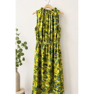 Prologue XS Chartreuse Abstract Floral High Ruffle Neck Midi Dress with Pockets